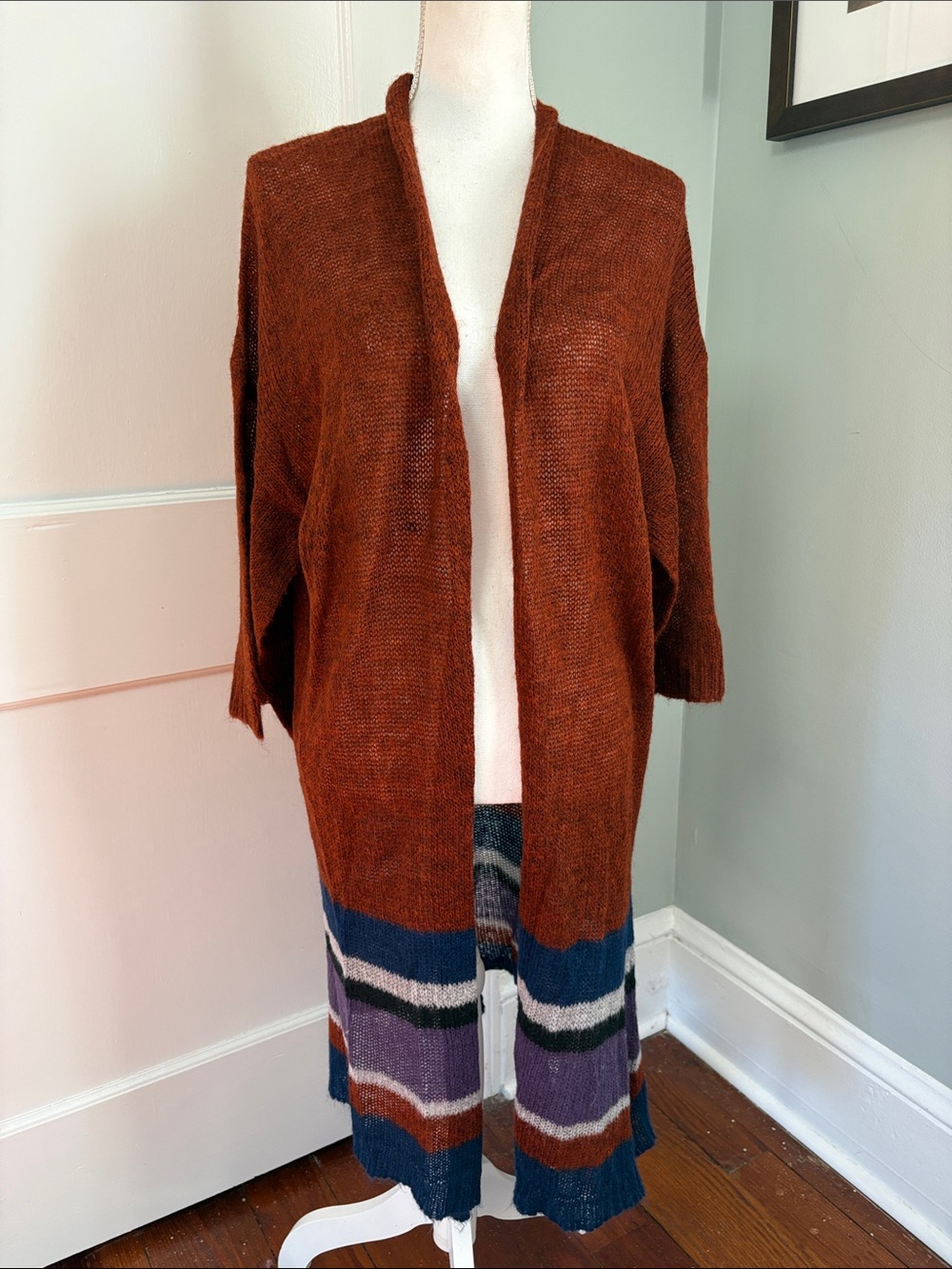Kerisma Wool Mohair Long Rust Open-Front Cardigan Striped Hem Sweater One Size